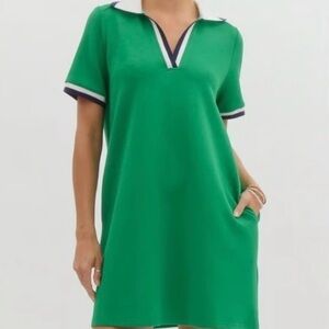 Cynthia Rowley XS Polo Dress Green Navy White Stripe Trim 100% Cotton w/ Pockets